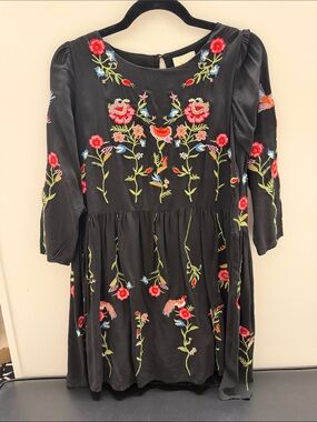 Maeve Black Mini Dress with Multicolor Floral Embroidery